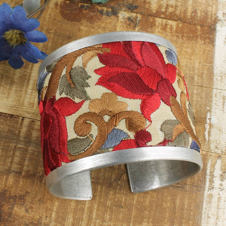 Red Floral Embroidered Cuff Bracelet