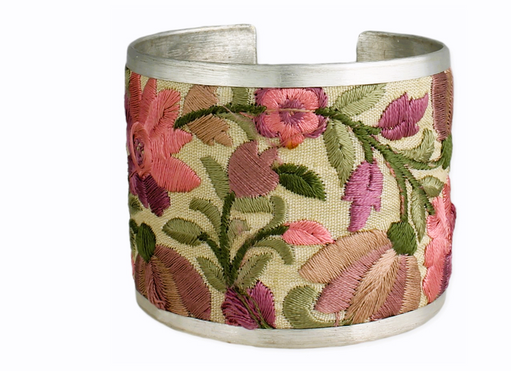 Pink Floral Embroidered Cuff Bracelet